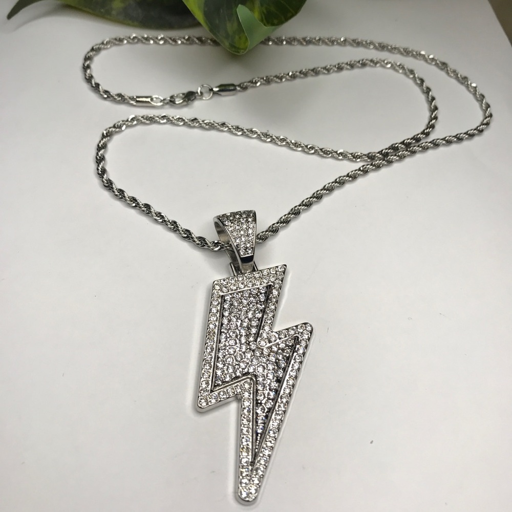 Men Silver Lightning Bolt Pendant Crystal Necklace 24”
